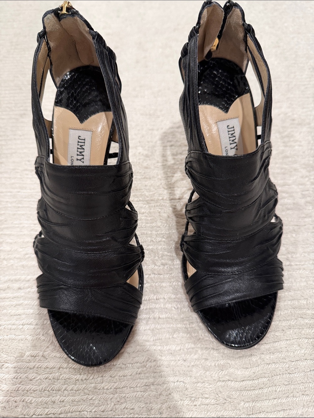 Jimmy Choo Black Ruched Leather Open-Toe High Heels